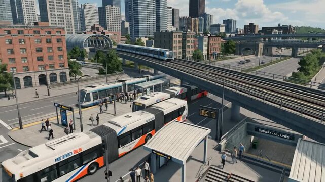 Elevated train glides over busy urban stop as an articulated bus arrives and commuters wait for a tram, showcasing multimodal public transit and efficient city mobility solutions