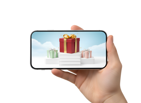 Hand Holding Smartphone Displaying 3D Gift Boxes Scene on Screen, Digital Celebration Concept on white background