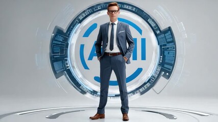 Professional in the Digital Realm: A sharply dressed businessman stands confidently before a futuristic digital interface, embodying modern business savvy and technological innovation.