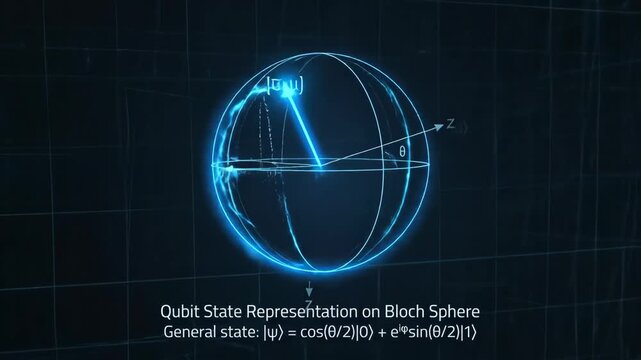 Bloch sphere diagram showing a qubit state vector with angles theta and phi, visualizing quantum superposition and state representation for computing, physics, and information science