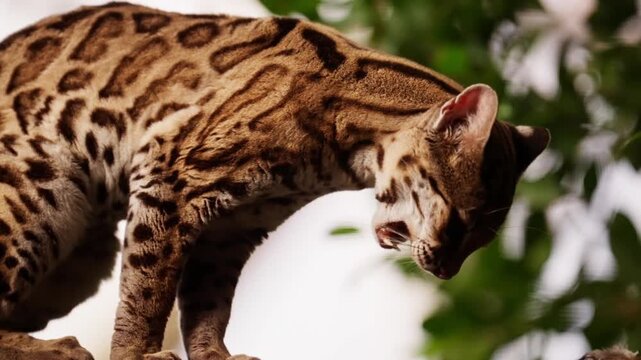 Oncilla (Leopardus tigrinus) sitting down in slow motion, medium shot