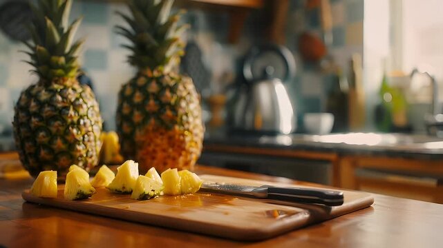 sliced pineapples on a wooden cutting board with a knife, ready to be sliced. The scene is set in a kitchen with a blurred background, suggesting a shallow depth of field. The colors are vibrant.