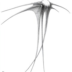 A stylized,  winged creature with long,  tentacle-like limbs,  a bulbous head, and large,  round eyes,  drawn in pencil