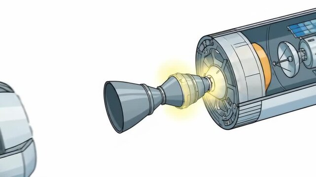 Multi-stage rocket breakdown infographic showing booster, second stage, and payload stage with cutaway view of liquid fuel, oxidizer tanks, engines, nozzles and separation points