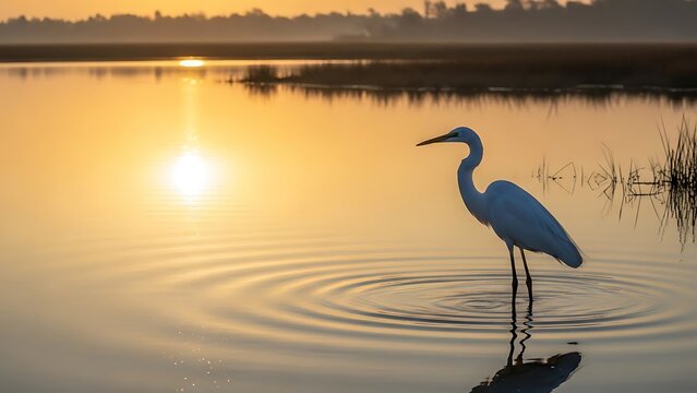 Great Egret Standing in Calm Water at Sunrise bird - Powered by Adobe