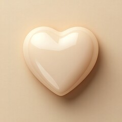 A smooth, light beige heart shape sits on a matching beige surface.  Its glossy, rounded form creates a subtle 3D effect