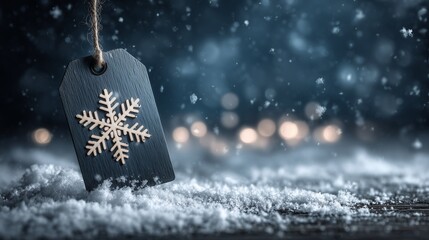 Capture the magic of winter with a snowflake tag against a snowy background, perfect for holiday cards, cozy promotions, and festive designs
