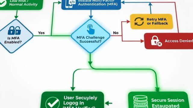 Flowchart showing secure user login process with credential entry. Risk analysis. Multi-factor authentication challenge and establishment of an encrypted session for data protection and access control