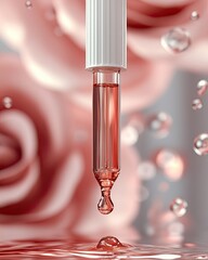 A pipette dispenses a rose-hued liquid, creating a droplet.  Blurred background of rose petals and water droplets