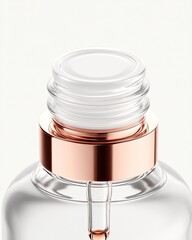 Close-up of a clear glass dropper bottle with a white cap and rose gold band