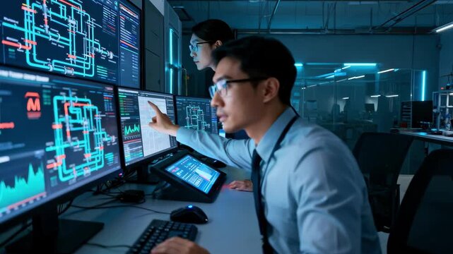 Medium shot of technicians monitoring AI system analyzing sensor data to predict and prevent leaks in complex water supply networks.