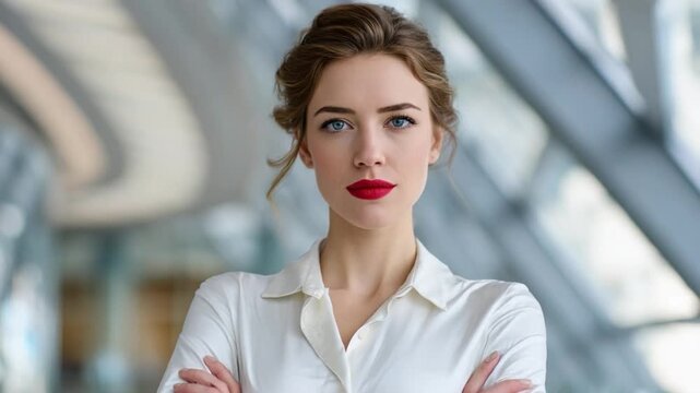 Elegance in Focus: A poised professional woman, dressed in crisp attire with bold red lipstick, confidently gazes into the distance. Capturing her strength and intelligence.