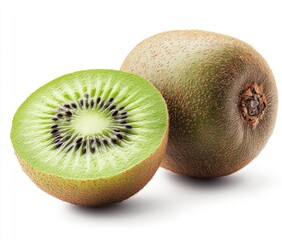 Fresh kiwi fruit, whole and halved, on white background