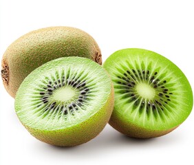 Two whole and two halves of a kiwi fruit against white