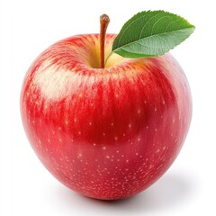 A single, fresh red apple with a green leaf