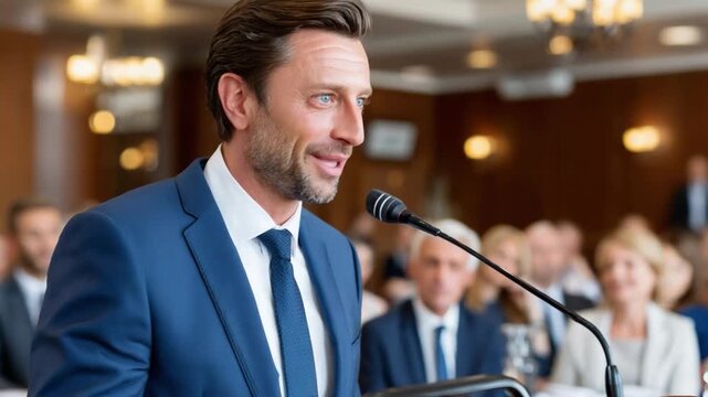 Inspiring Orator in Presentation: A confident speaker delivers a presentation, captivating the audience with eloquent speech and impactful message delivery.
