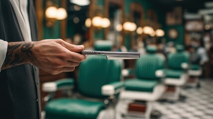 Barber Holding Straight Razor in Vintage Shop