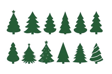 Obraz premium stylized christmas trees with spiral and star designs christmas tree green silhouette clipart set. green Christmas tree drawing clip art collection in white background for xmas season pine tree flat i