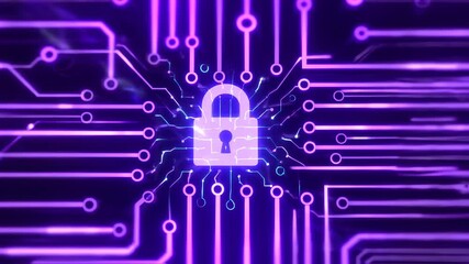Neon purple circuit board with a central lock graphic. Bright, glowing lines and circles of vibrant purple and teal color against a dark background. - Powered by Adobe