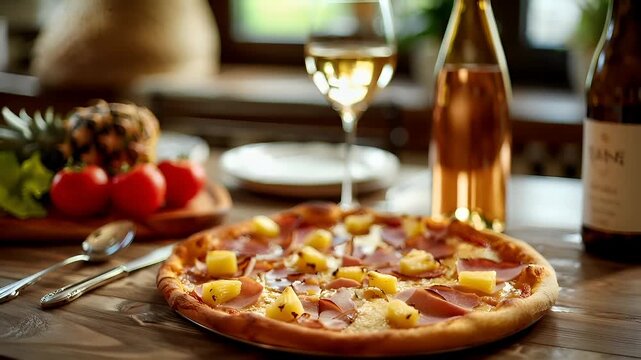 A closeup shot of a pizza with ham and pineapple toppings on a wooden table. The pizza has a golden crust and is topped with slices of ham, pineapple chunks, and other ingredients.