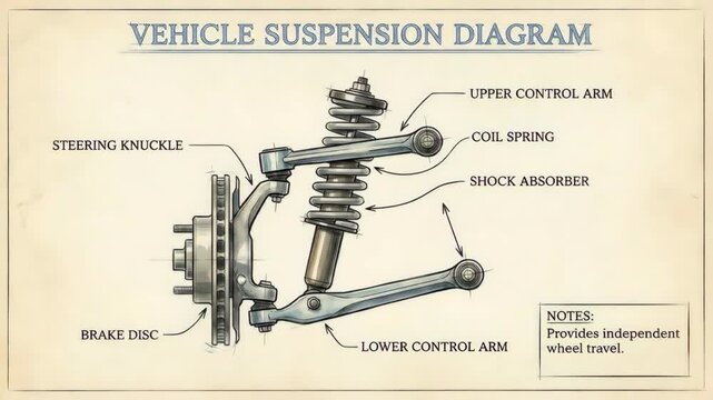Vehicle suspension diagram displaying the components of a car's independent suspension system including coil spring, shock absorber, control arms, steering knuckle, and brake disc