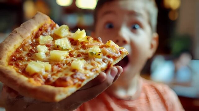 A young boy is eating a slice of pizza in a fastfood restaurant. The pizza has a pineapple topping and is topped with various toppings.