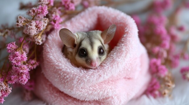 Cute sugar glider nestled in soft pink fabric surrounded by flowers on a calm day