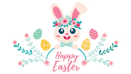 Cute cartoon easter bunny wearing a flower crown and bow tie surrounded by decorative branches and colorful easter eggs with the words happy easter written in a playful font
