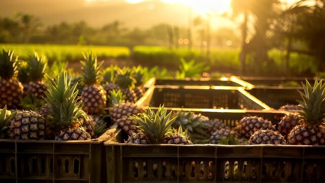pineapples in crates at sunset, with the sun casting a warm, golden hue over the scene. The pineapples are the main subject.