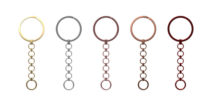 Golden, silver and bronze keychain vector set, 3D realistic metal keychain with straight chain and ring, keyholder