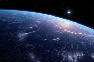 Fototapeta premium Majestic earth from space illuminated by city lights and distant stars under a dark sky