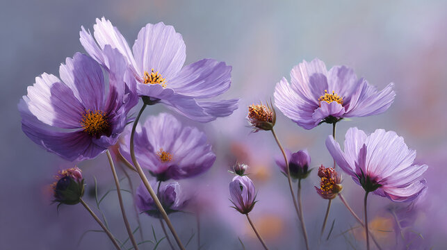 Delicate cosmos flowers in soft focus. The purple petals and yellow center of the cosmos create a dreamy atmosphere