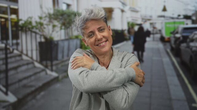 Woman hugging arms across chest on street wearing gray hoodie and smiling gently; self care contentment.
