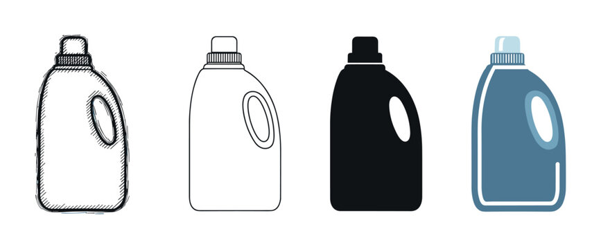 Set of laundry detergent bottle icons in four different styles: hand-drawn sketch, thin line art, black silhouette, and flat color vector illustration isolated on white