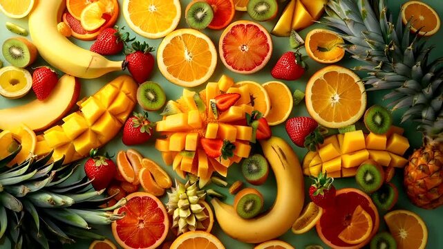 A vibrant and colorful fruit arrangement on a green background.