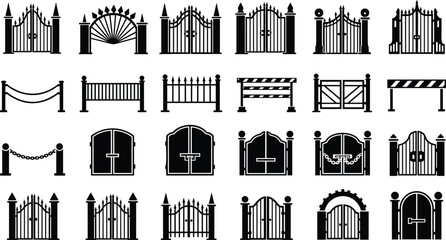 Black gate and fence silhouette icons, wrought iron, wooden, industrial, decorative, barrier, railing, urban design, architecture, security, entryway, vector set