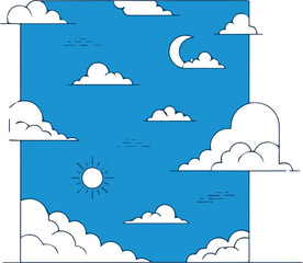 Create Minimal style cad cloud line drawing in sky, Side view, set of graphics blue sky elements for architecture and landscape design drawing representation. Vector illustration background.