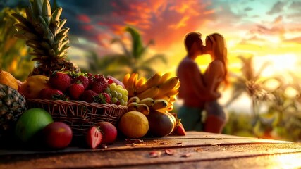A vivid, sunlit scene featuring a couple in a romantic embrace. The foreground is adorned with a variety of fruits, including strawberries, grapes, and bananas, arranged in a decorative basket.