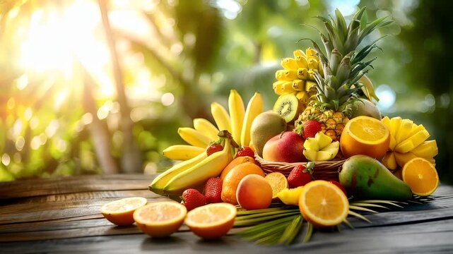 A vibrant tropical fruit arrangement on a wooden surface with a blurred background of a lush green forest. The fruits are arranged in a circular pattern, with a variety of colors including yellow.