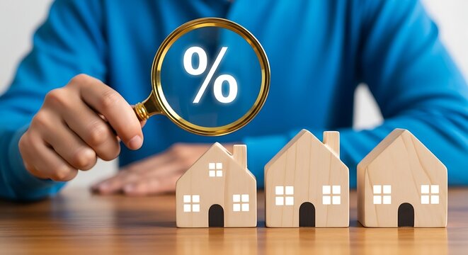 Magnifying glass showing percentage sign over wooden house models on table