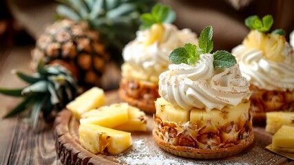 A closeup shot of a pineapple dessert, with a focus on the texture and color of the fruit. The pineapple is depicted with a goldenbrown crust and a white.