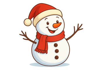 Happy cartoon snowman wearing santa hat and red scarf