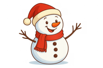 Happy cartoon snowman wearing santa hat and red scarf