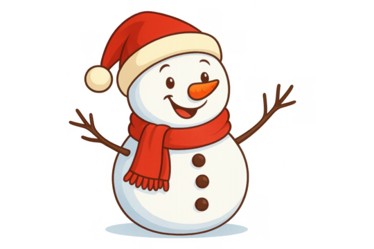 Happy cartoon snowman wearing santa hat and red scarf