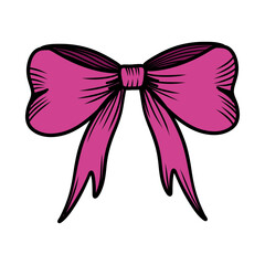 Vintage coquette pink bow hand-drawn vector illustration. Whimsical accessory silhouette in sketch style. Line art clip art black and white retro engraving.