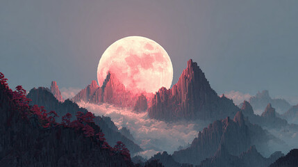 The full moon rising over a mountain range, with pink and purple hues dominating the sky and landscape