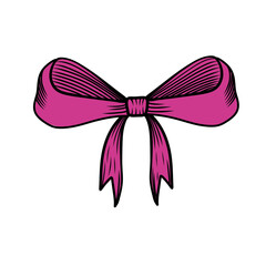 Vintage coquette pink bow hand-drawn vector illustration. Whimsical accessory silhouette in sketch style. Line art clip art black and white retro engraving.