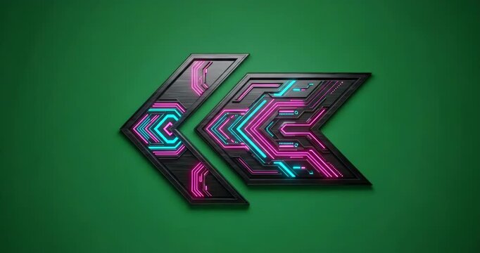 Futuristic double left arrow icon with glowing cyan and magenta circuit board design on green background