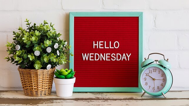 A vibrant red letter board with the message hello wednesday stands next to a potted plant and a vintage alarm clock creating a cheerful and organized workspace or home decor scene
