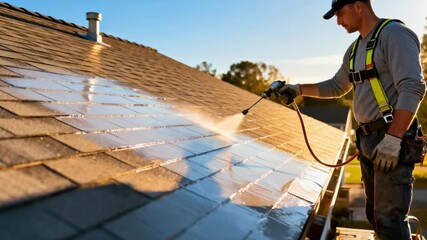 Focused medium shot of roof contractor using UV protectant coating to shield surfaces from harmful sun rays improving durability and lowering cooling costs.